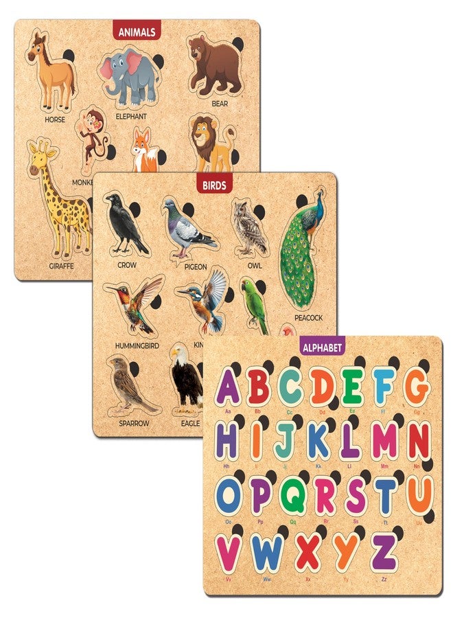 Twinster لوحة ألغاز خشبية من توينستر لتعليم الأطفال من عمر سنتين فما فوق | لعبة ألغاز لتنمية الحواس للأولاد والبنات (مجموعة من 3 قطع - الحروف الأبجدية، الطيور، الحيوانات) - Image 1